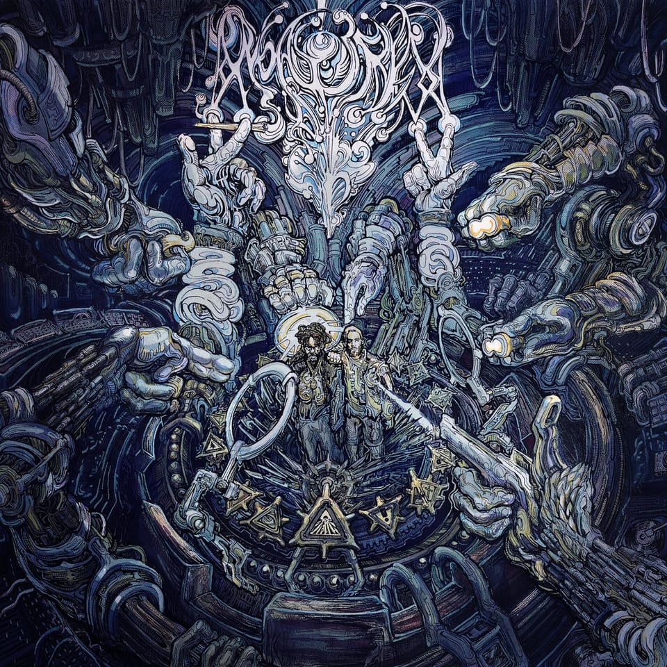 The cover of 'Aramture' by ShrapKnel & Ohbliv. A psychadelic drawing of Curly Castro and PremRock at the center of a biotech apparatus, surrounded by mechanical hands.