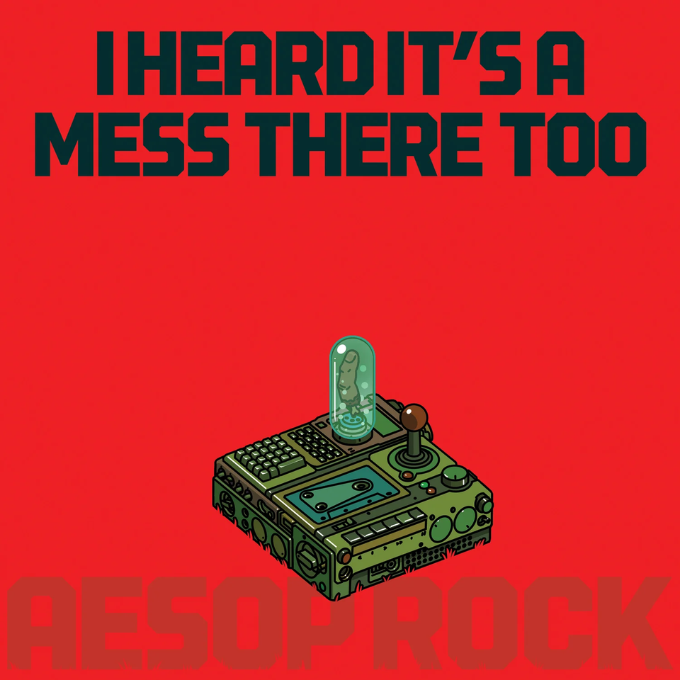 A plain red background with the title in black block lettering on the top, and AESOP ROCK at the bottom in very low opacity. A drawing of a strange recording device in the middle.