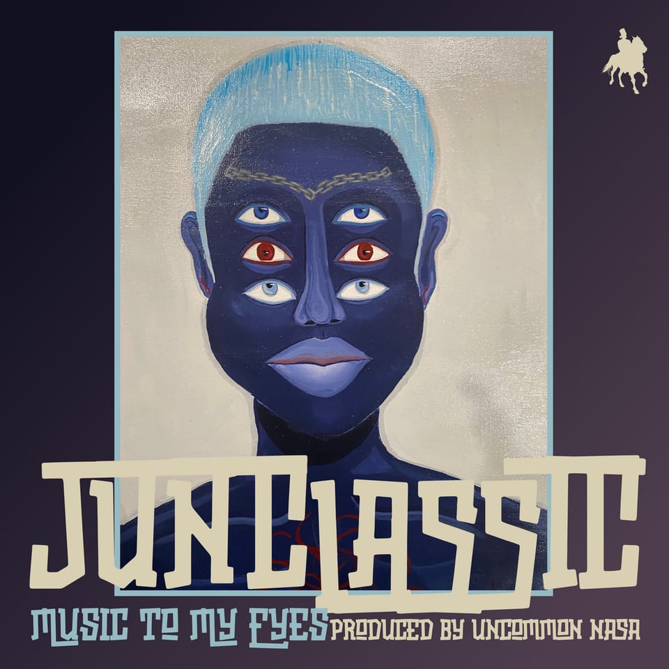 Cover to Junclassic's "Music To My Eyes", a headshot paining of a blue humanoid with a set of three eyes in a vertical color on its face. 