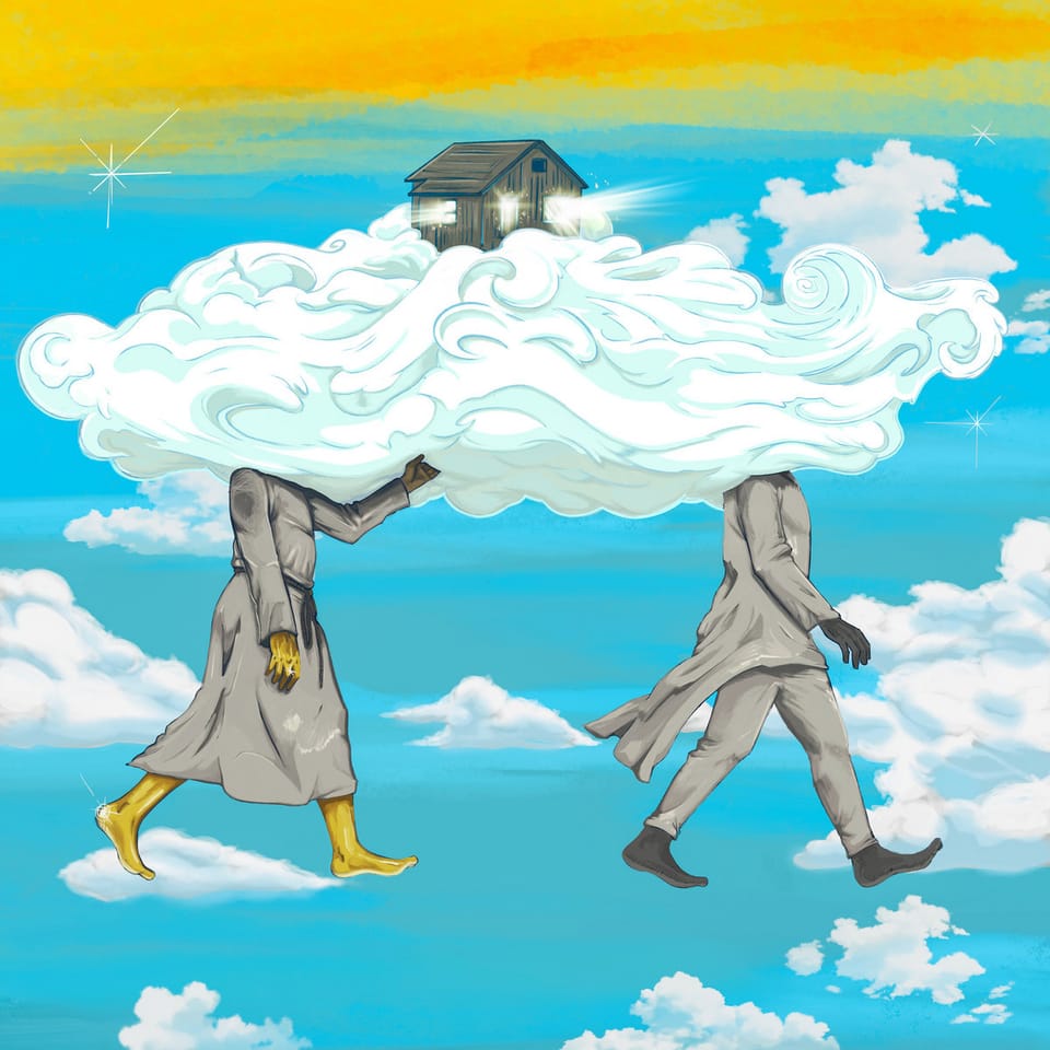 A dark-skinned person and a gold-skinned person in gray garments walk in a blue sky, their heads obscured in a big cloud. There is a cabin on top of the cloud.
